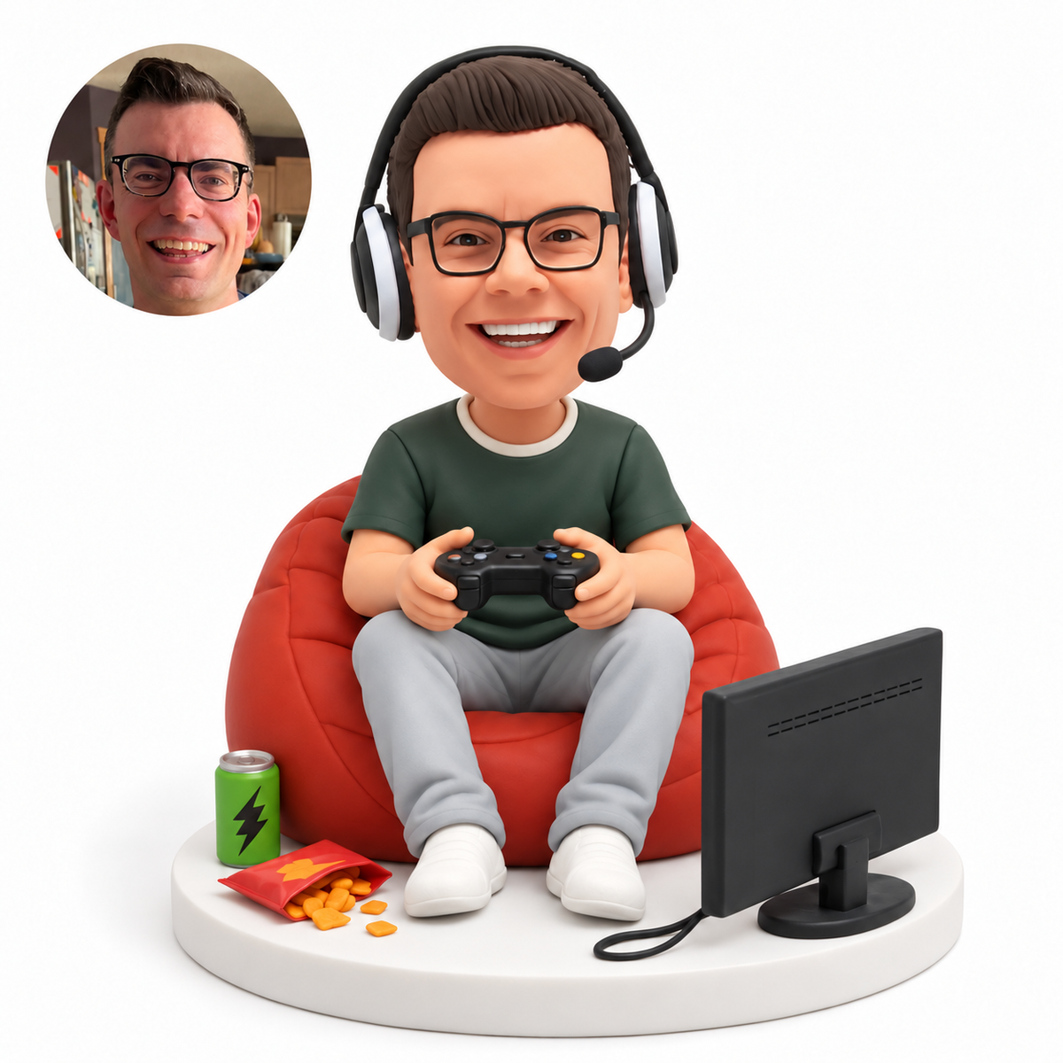 Gamer seated on a rust beanbag holding a controller, wearing a headset, with a freestanding screen and snack accessories.