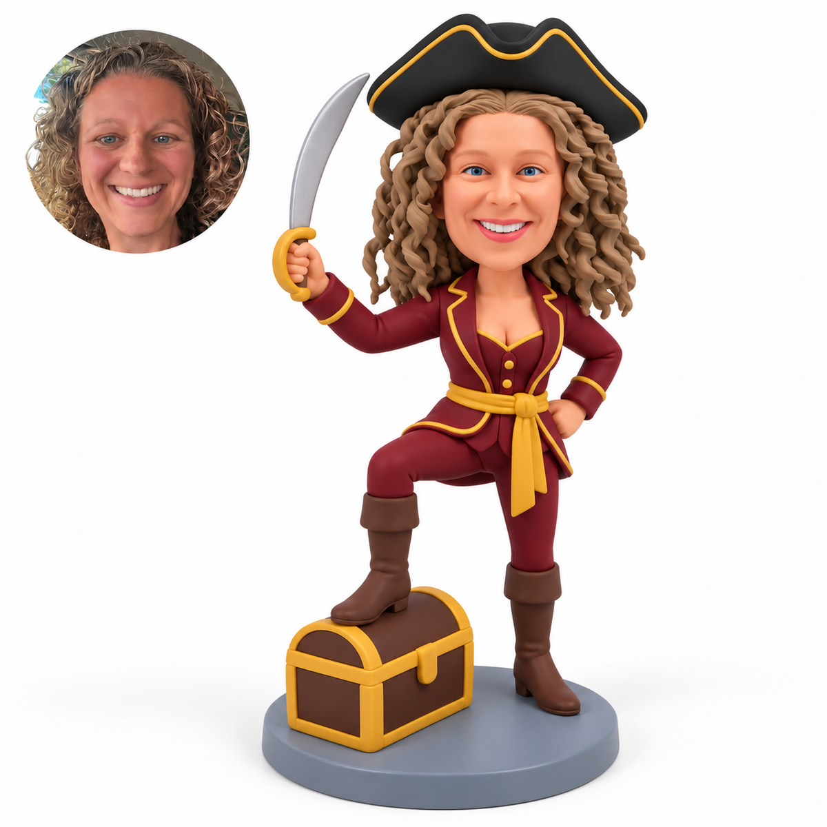 custom bobblehead figure female pirate holding a cutlass with one boot on a treasure chest