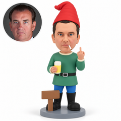 custom bobblehead figure garden gnome holding a drink and making a middle-finger gesture beside a sign
