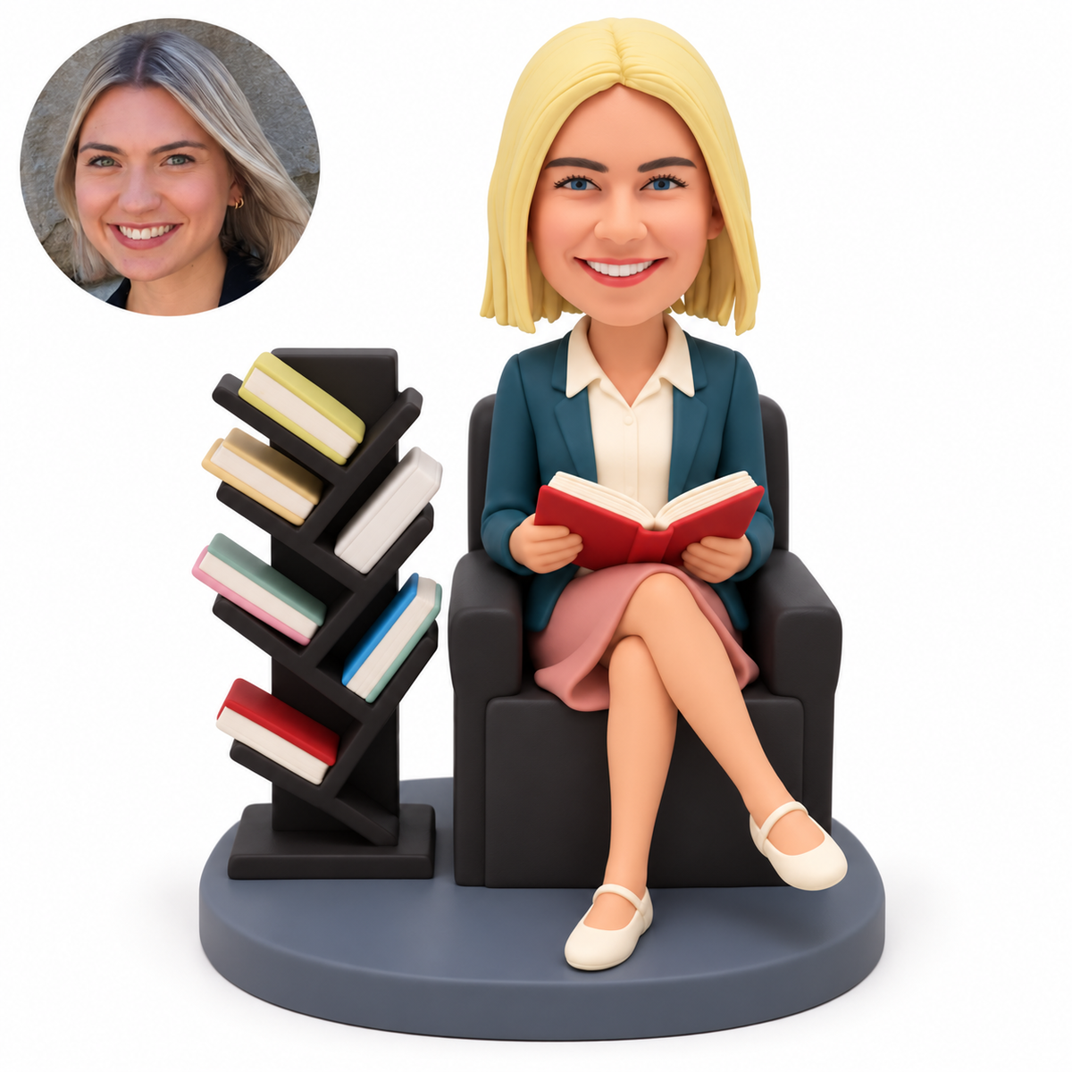 custom bobblehead figure woman reading in an armchair beside a zigzag bookshelf