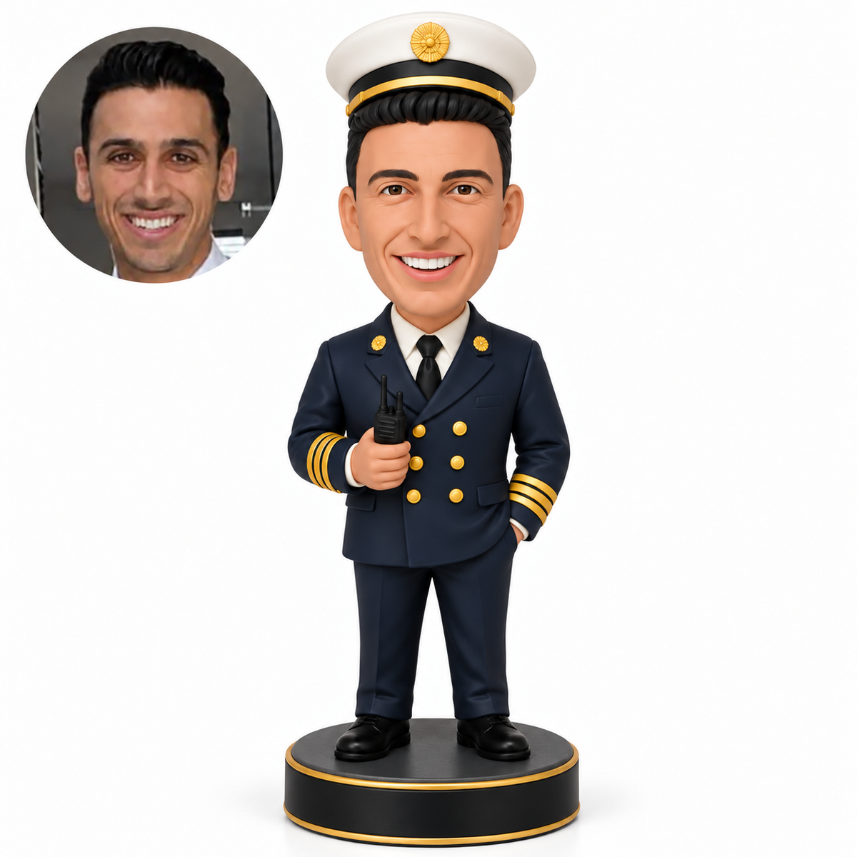 custom bobblehead figure fire chief in a dress uniform holding a radio with one hand in his pocket