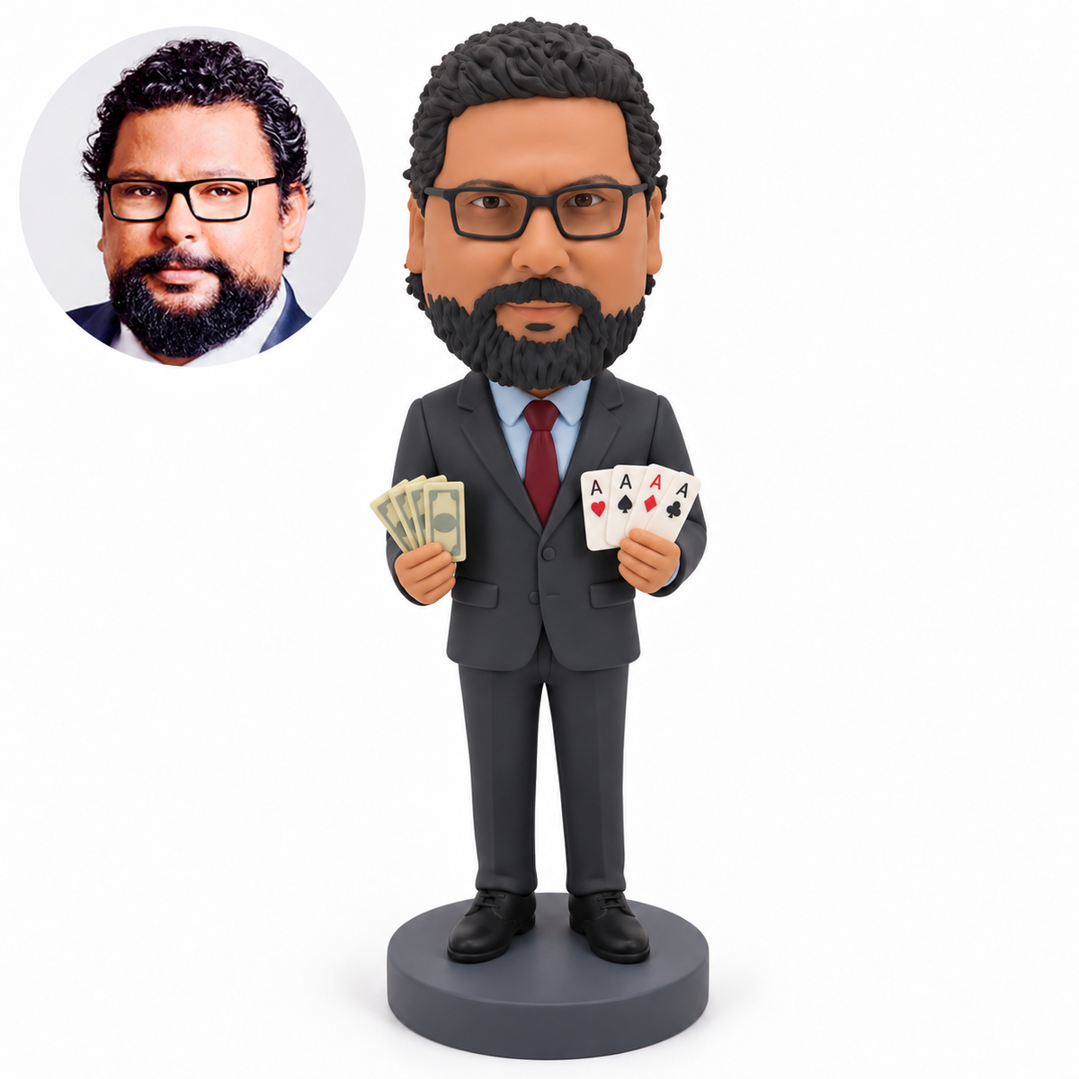 custom bobblehead figure businessman holding a fan of banknotes and playing cards