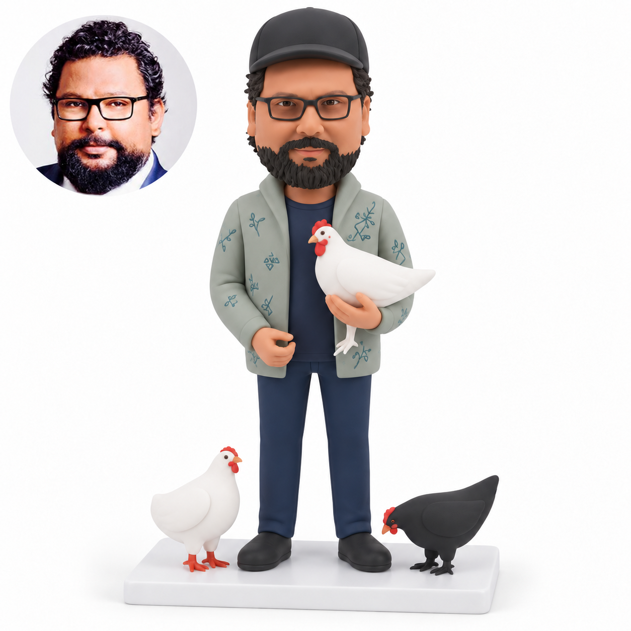 custom bobblehead figure man holding a white chicken beside two fixed decorative chickens