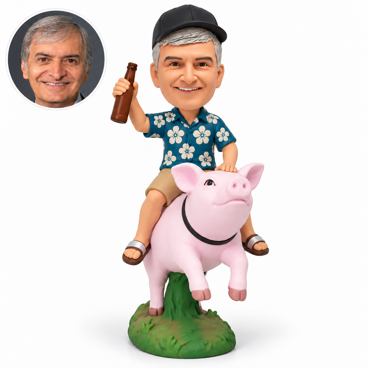 custom bobblehead figure man raising a bottle while riding a decorative pink pig