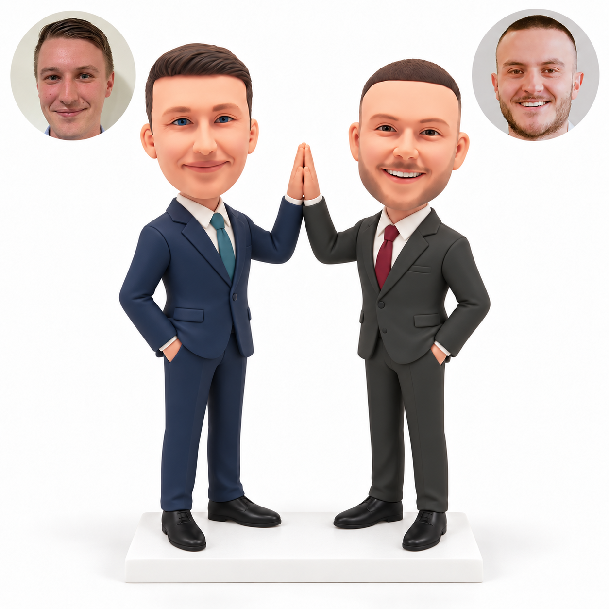 custom bobblehead figures two business partners in suits pressing their raised palms together