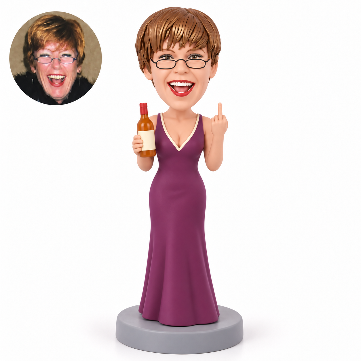 custom bobblehead figure female in a long gown holding a bottle and making a middle-finger gesture