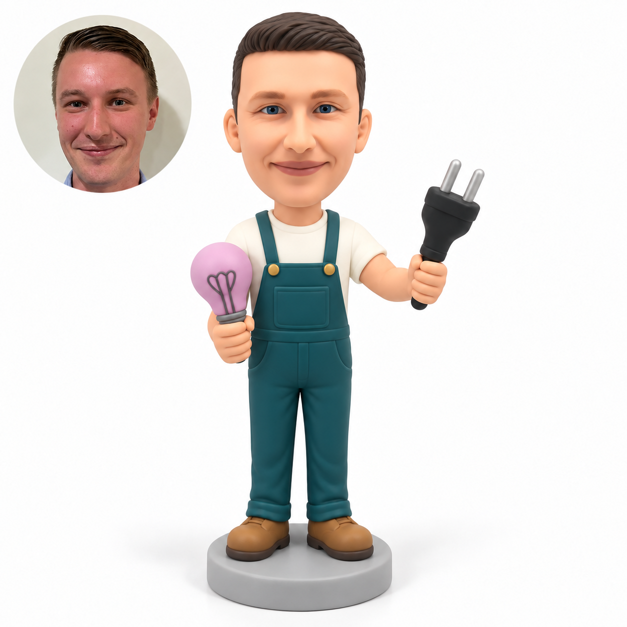 custom bobblehead figure handyman holding an oversized light bulb and two-prong plug