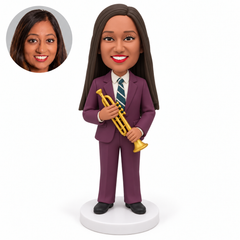custom bobblehead figure female musician holding a trumpet diagonally in a suit
