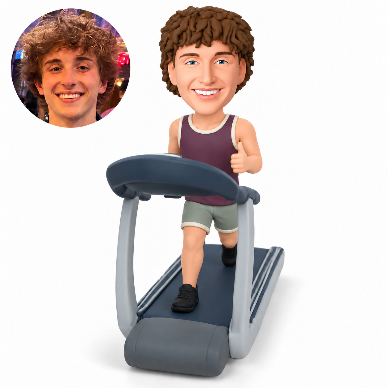 custom bobblehead figure male fitness runner on a treadmill giving a thumbs up