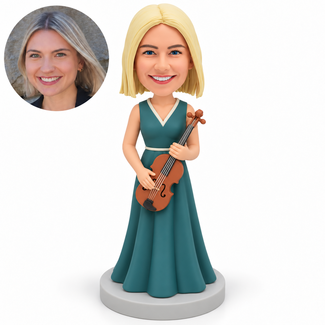 custom bobblehead figure female musician in a long gown holding a violin across her body