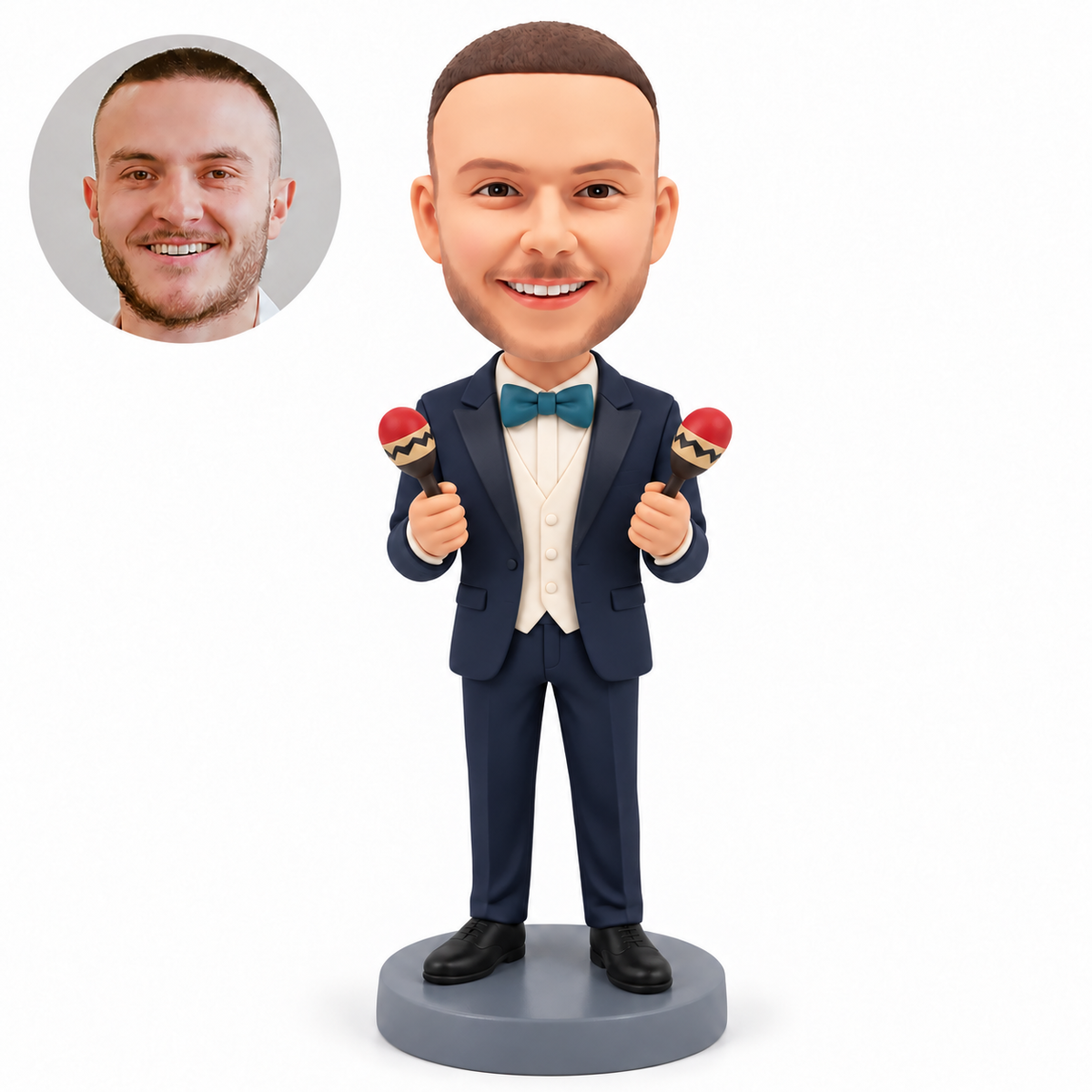 custom bobblehead figure male musician in a tuxedo holding two maracas