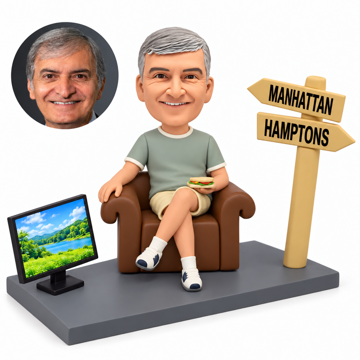 custom bobblehead figure male in an armchair holding a sandwich beside a television and signpost