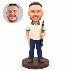 custom bobblehead figure male musician holding an upright clarinet at his left side