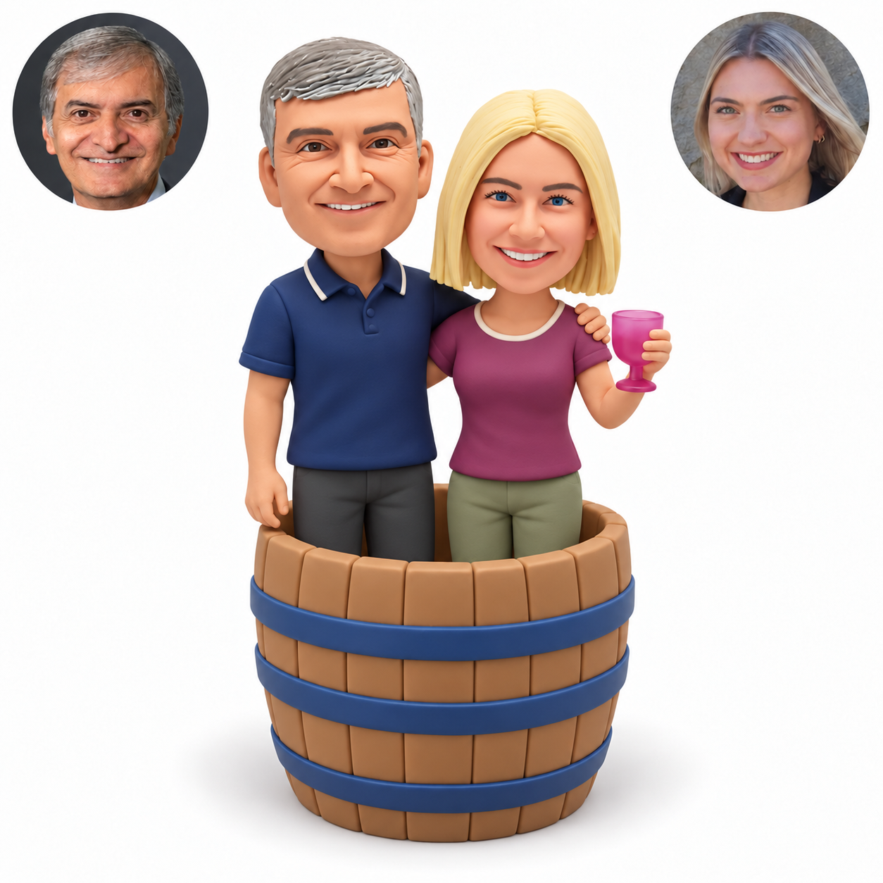 custom bobblehead figures couple standing inside a wooden barrel with a raised goblet