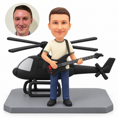 custom bobblehead figure male guitarist standing in front of a helicopter