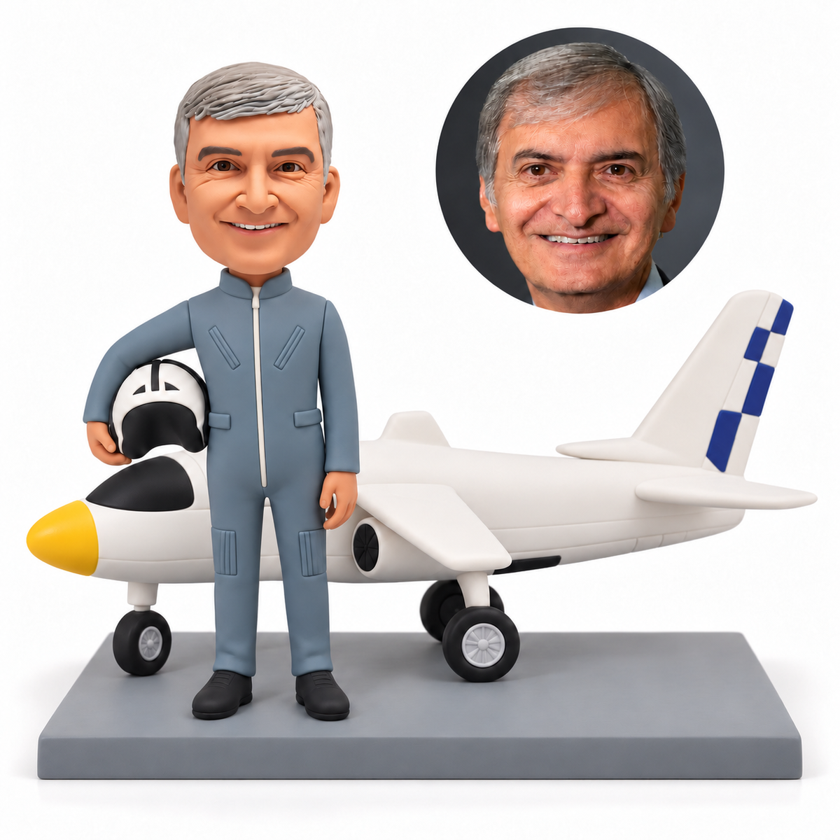 custom bobblehead figure male military pilot holding a helmet in front of an airplane