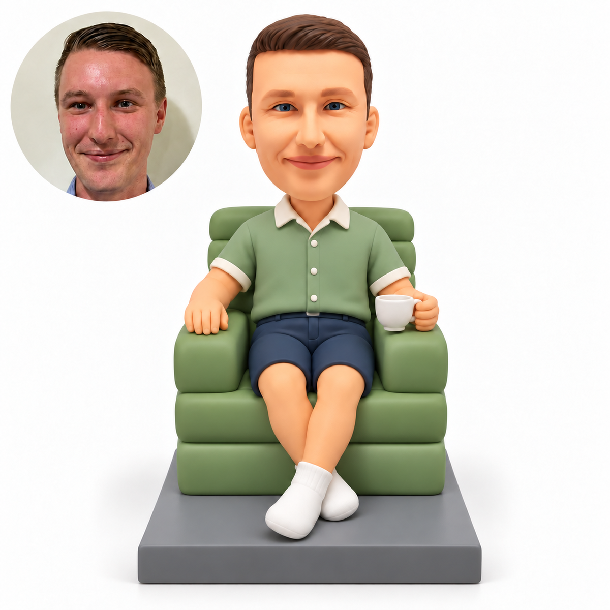 custom bobblehead figure male seated in a lounge chair with crossed ankles holding a cup