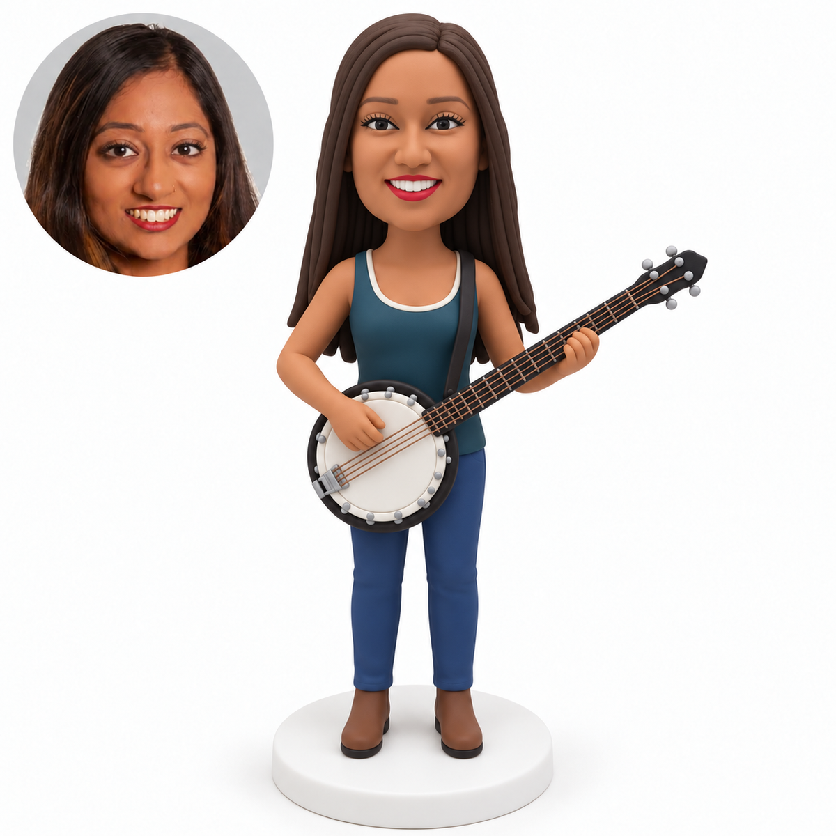 custom bobblehead figure female musician playing a round-bodied banjo