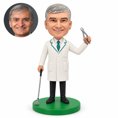 custom bobblehead figure male dentist holding dental forceps and a golf club