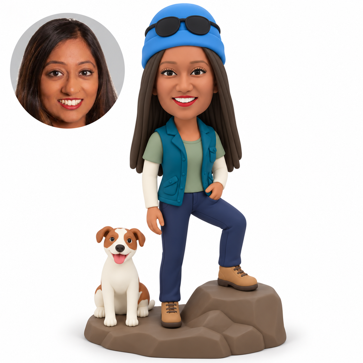 custom bobblehead figure female hiker stepping onto a rock beside a fixed seated dog