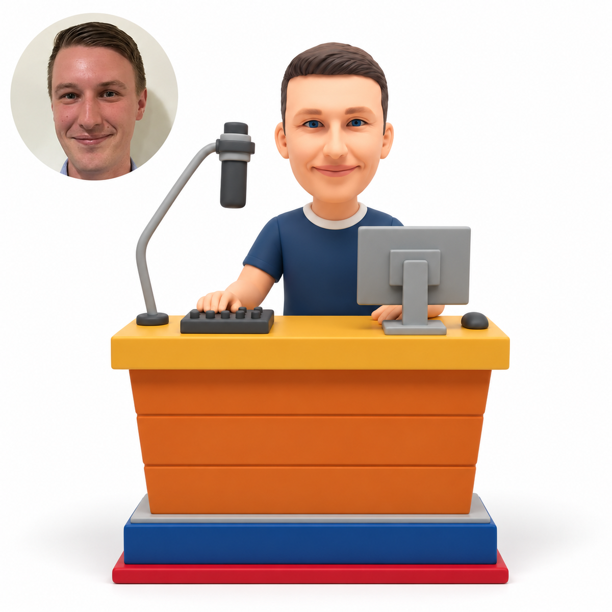custom bobblehead figure male radio host behind a studio desk with a suspended microphone and monitor