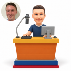custom bobblehead figure male radio host behind a studio desk with a suspended microphone and monitor