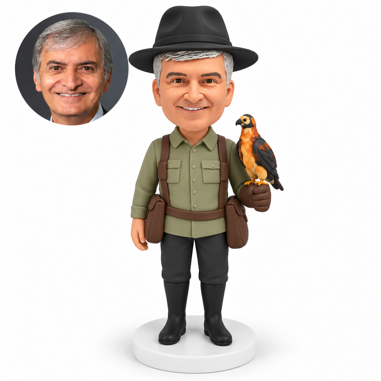 custom bobblehead figure male falconer holding a fixed perched bird on a gloved hand