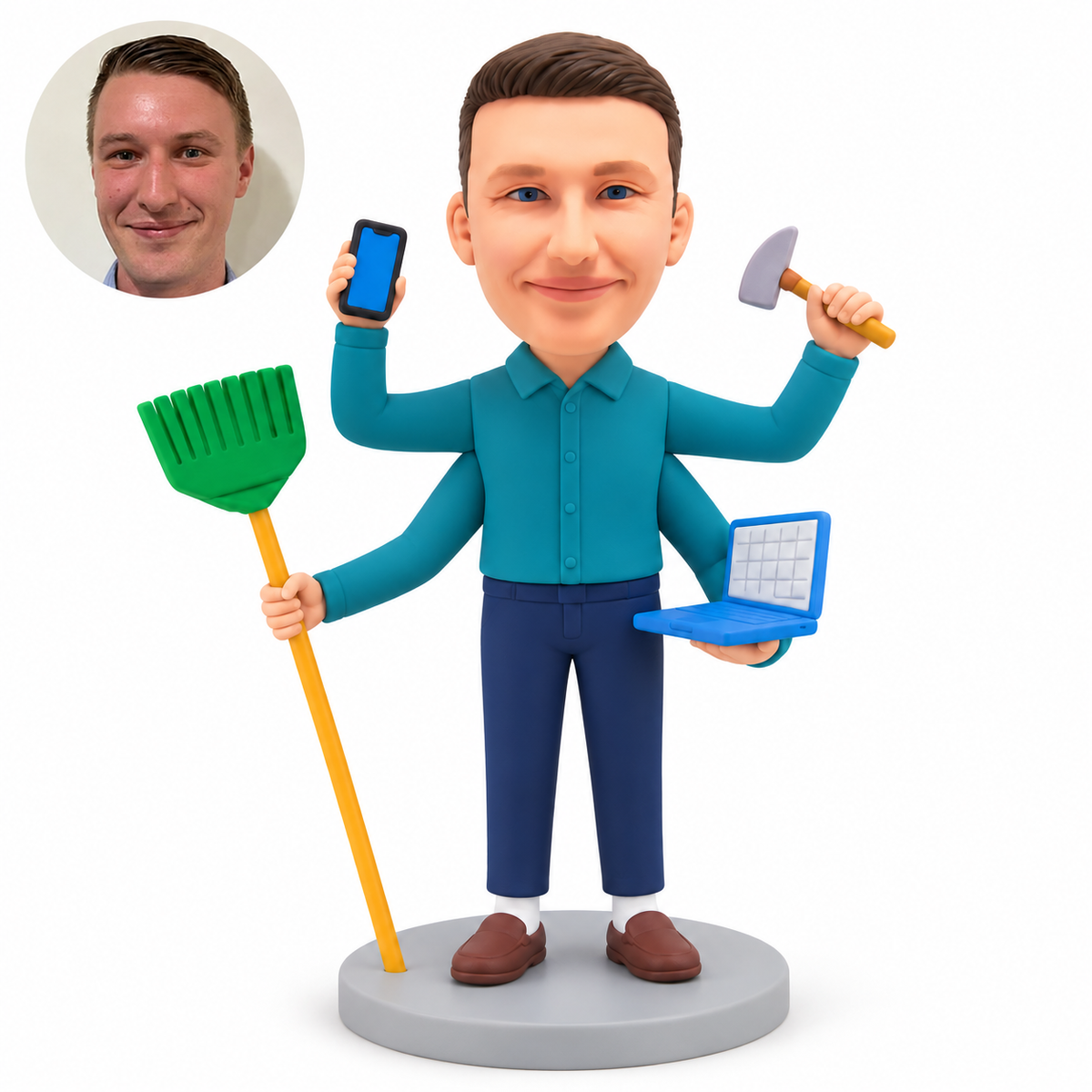 custom bobblehead figure four-armed multitasking male with a phone, garden rake, laptop and hand tool