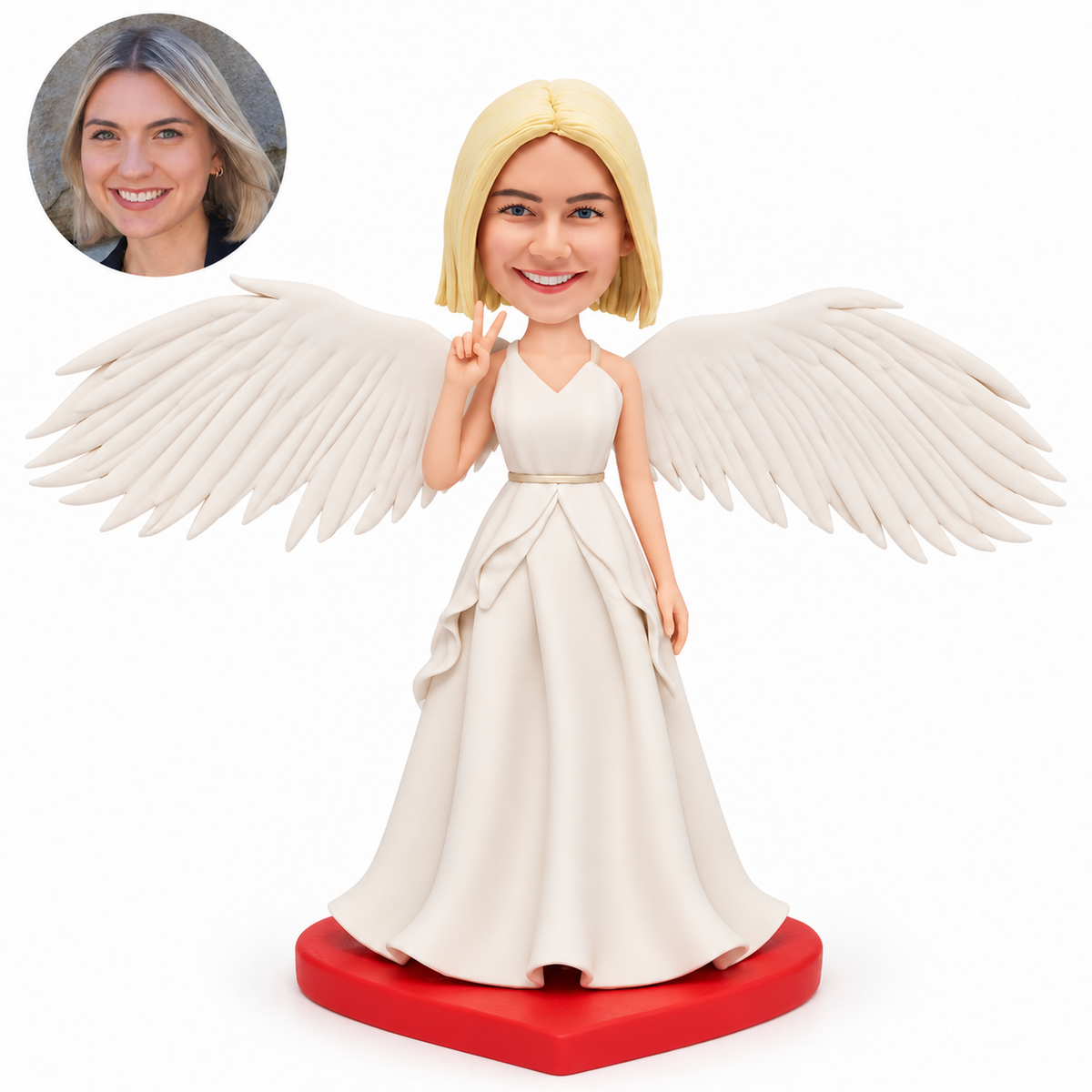 custom bobblehead figure female angel making a right-hand peace sign with wide outstretched wings