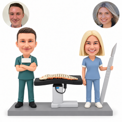 custom bobblehead figures doctor and nurse couple beside a spine model table with a giant scalpel
