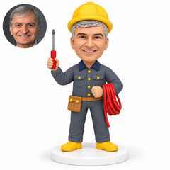 custom bobblehead figure male electrician raising a screwdriver with a cable coil over his forearm