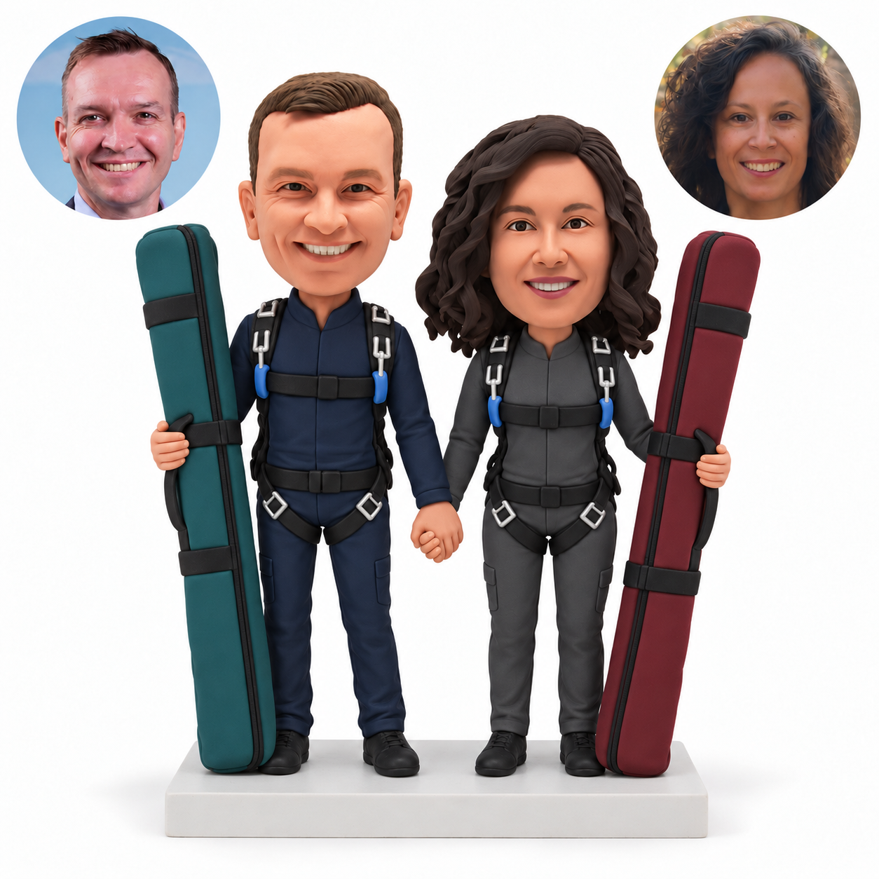 custom bobblehead figures skydiving couple holding two tall ski bags
