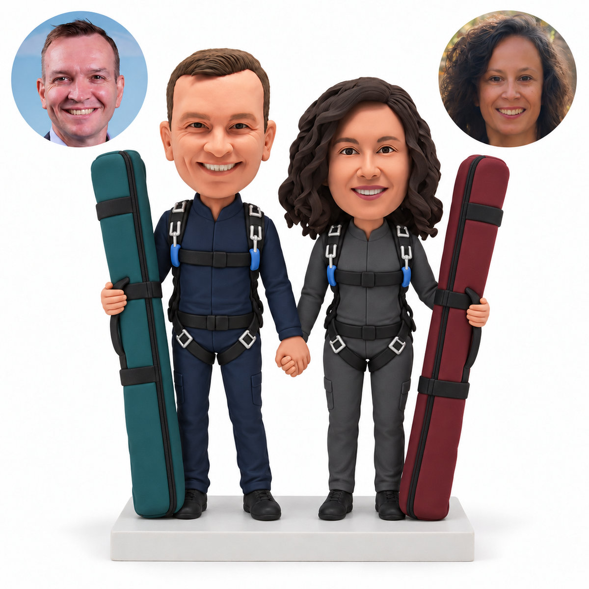 custom bobblehead figures skydiving couple holding two tall ski bags