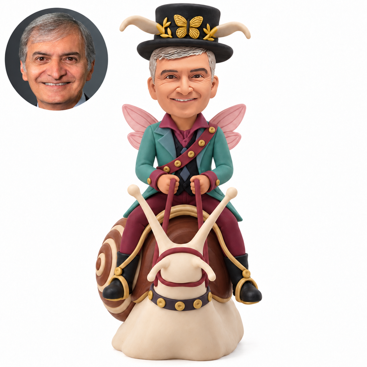 custom bobblehead figure male fantasy rider seated on a giant decorative snail