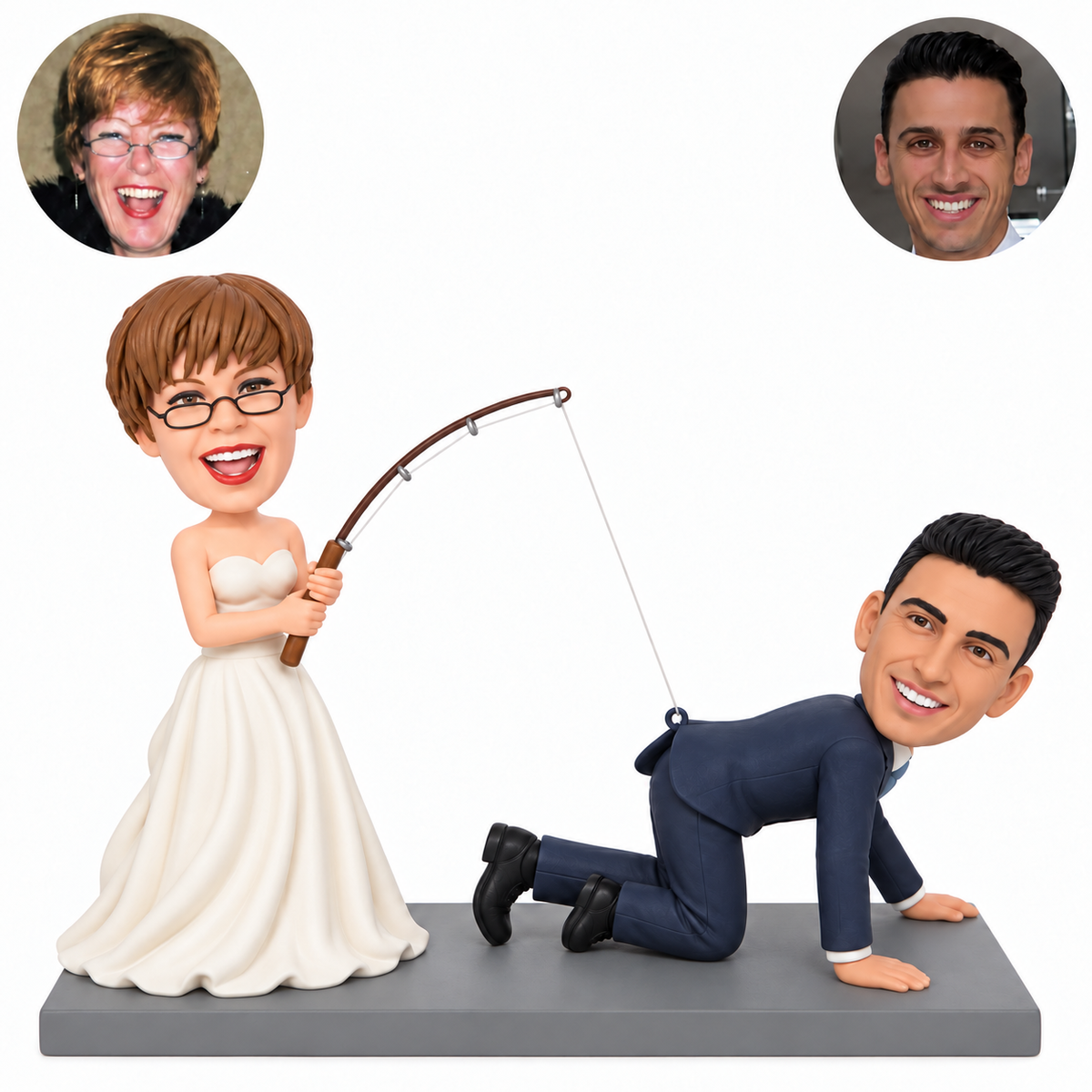custom bobblehead figures playful bride fishing for her crawling groom