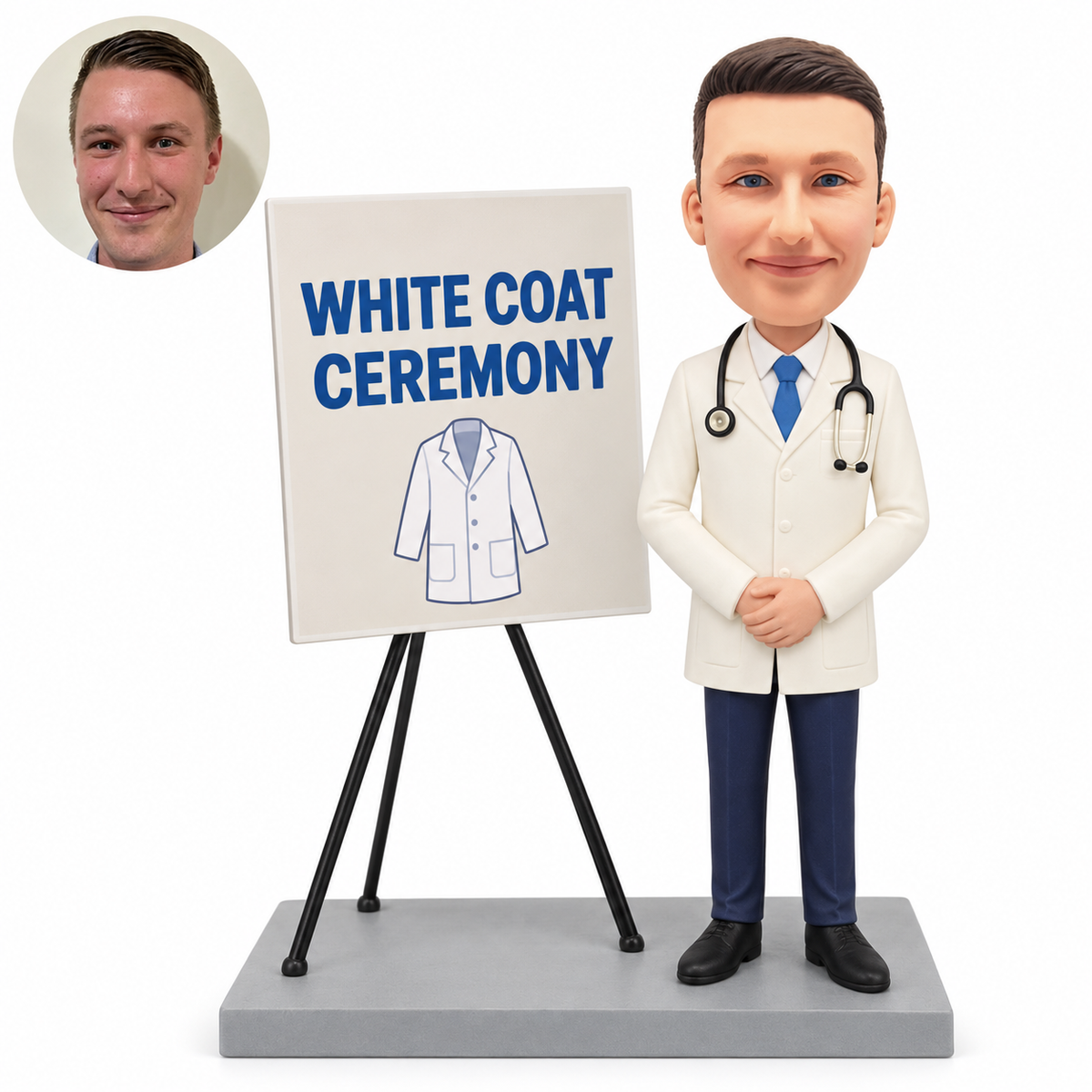 custom bobblehead figure male doctor beside a white coat ceremony easel sign