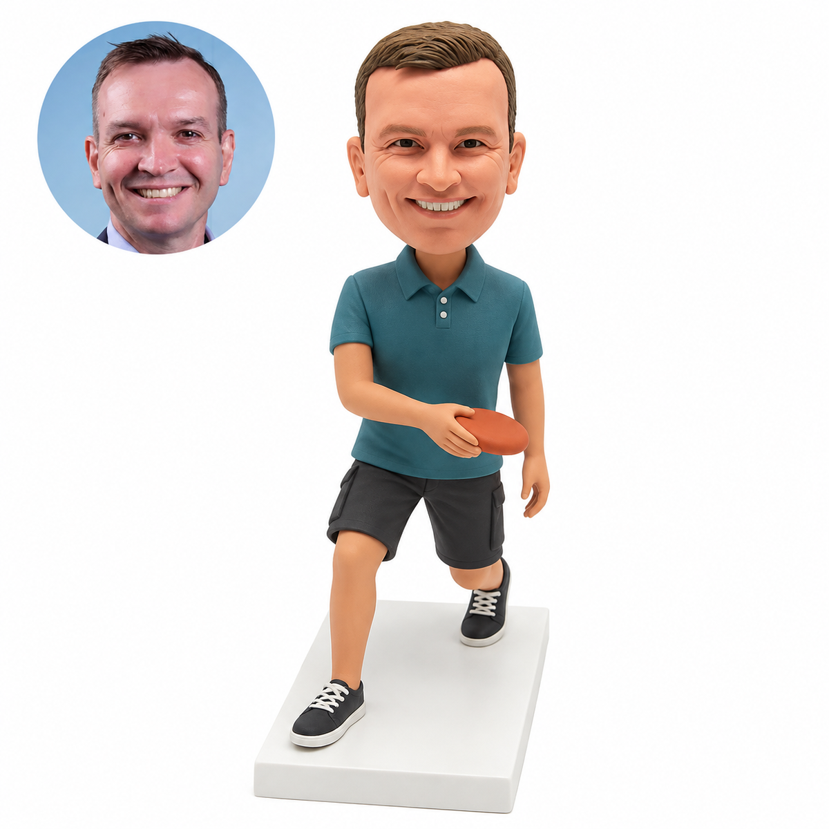 custom bobblehead figure disc golf player stepping forward with a flying disc