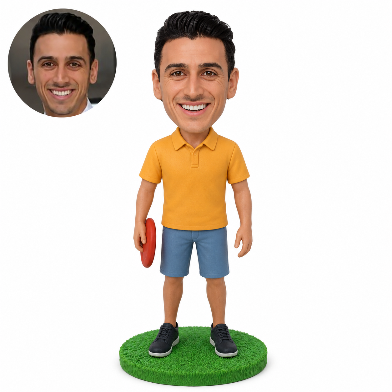 custom bobblehead figure disc golf player standing with a disc at his side