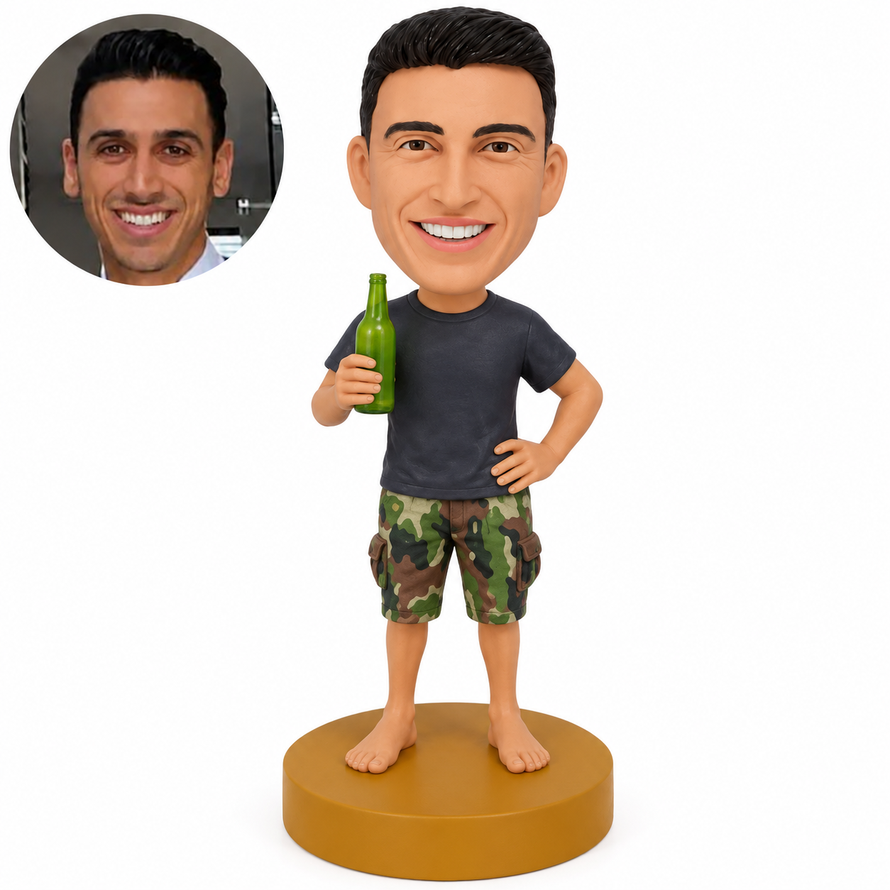 custom bobblehead figure barefoot man in shorts holding a bottle with hand on hip