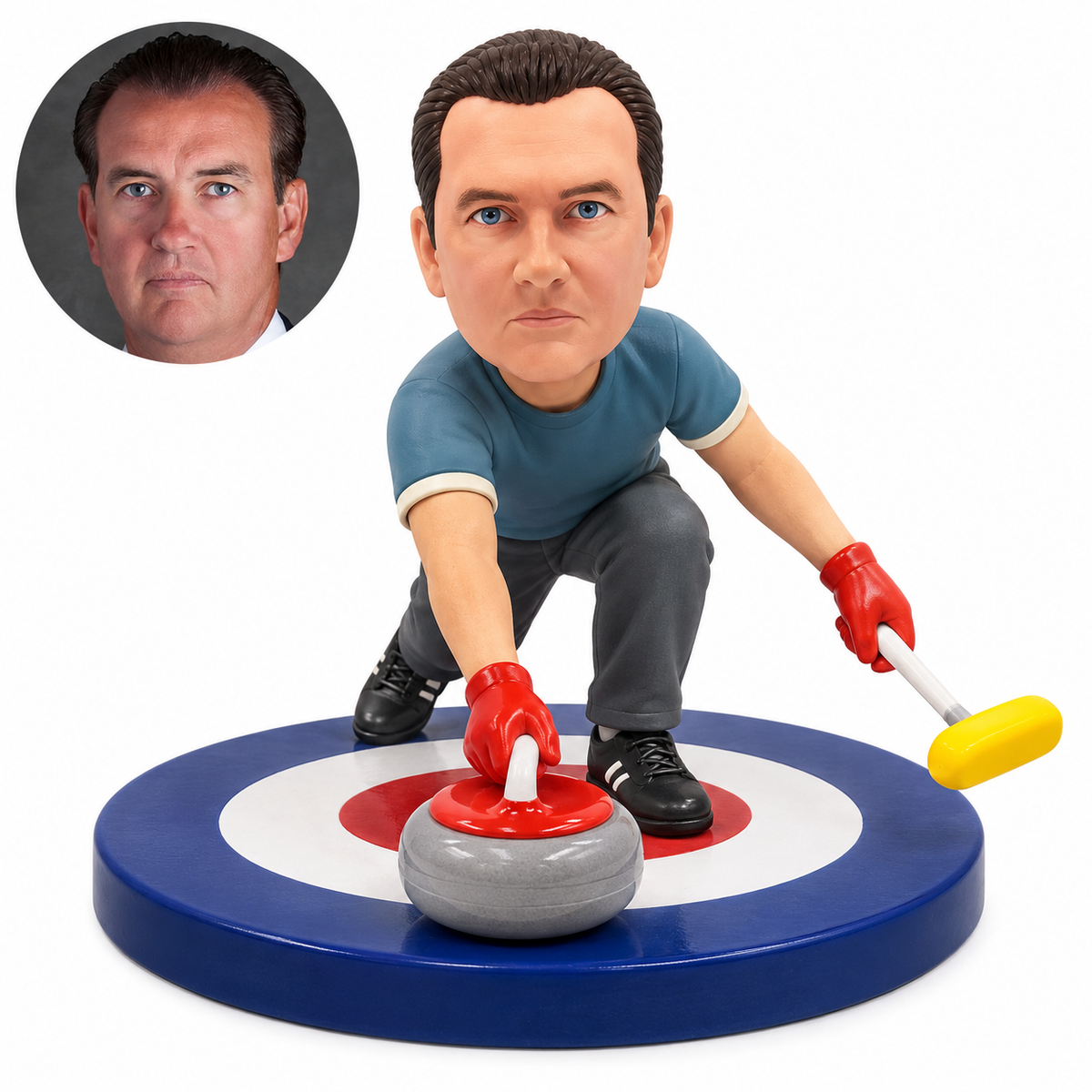 custom bobblehead figure male curler leaning forward to deliver a stone with broom