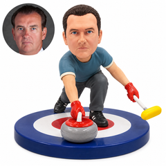 custom bobblehead figure male curler leaning forward to deliver a stone with broom