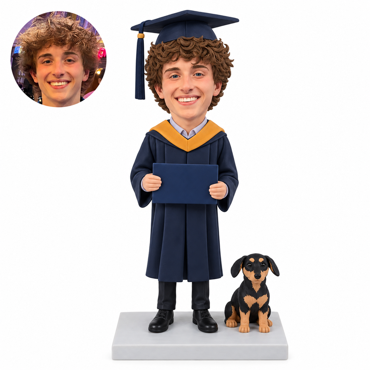 custom bobblehead figure male graduate holding a diploma folder beside a seated dog