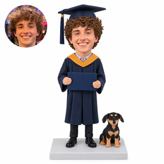 custom bobblehead figure male graduate holding a diploma folder beside a seated dog