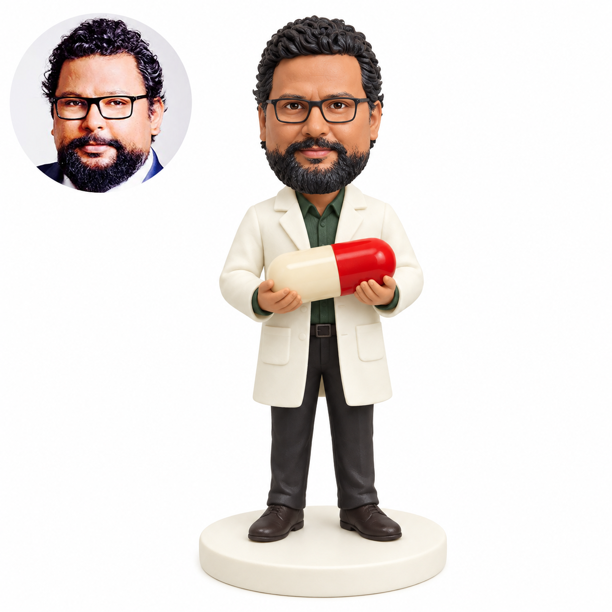 custom bobblehead figure male pharmacist cradling a large capsule with both hands
