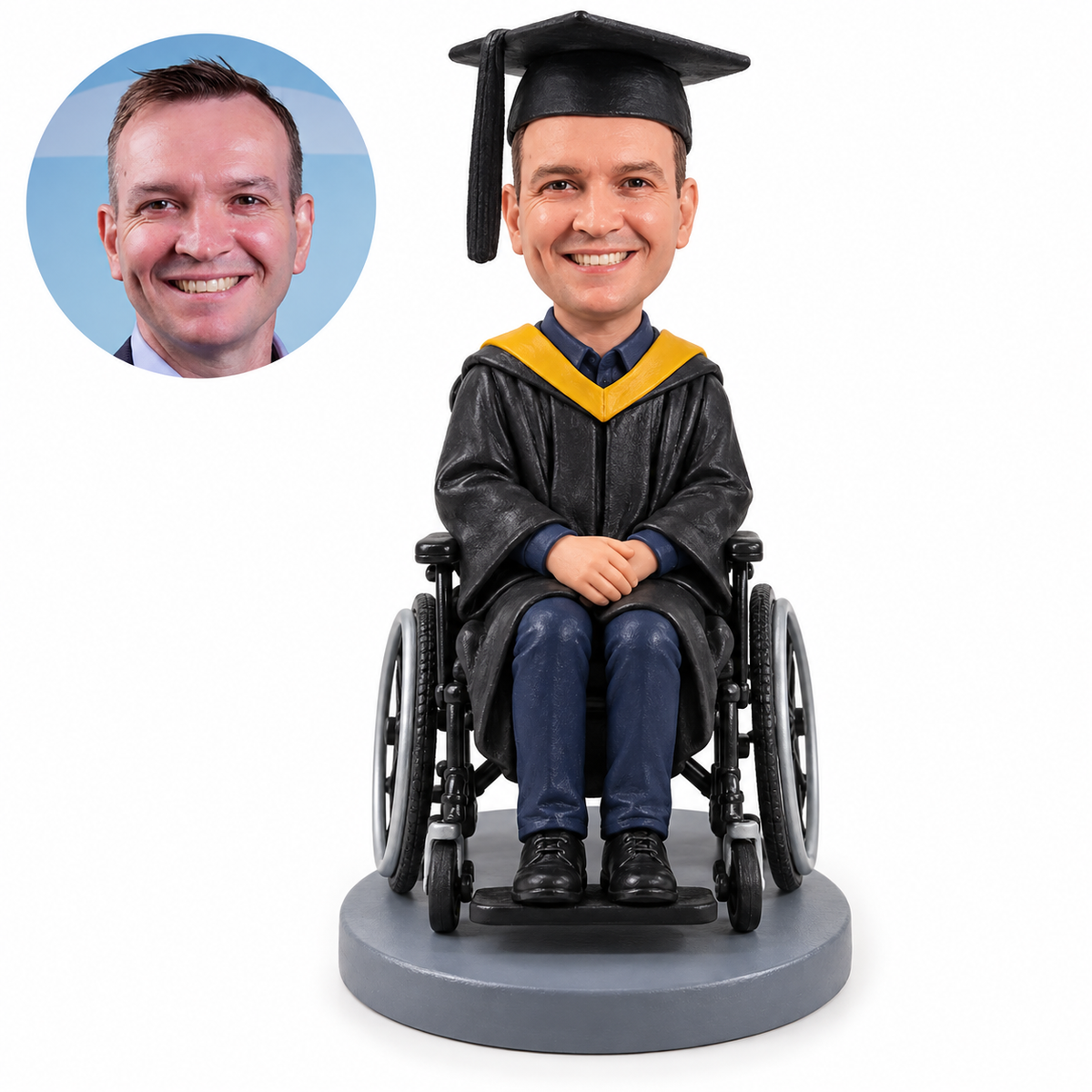 custom bobblehead figure male graduate in an academic gown seated in a wheelchair