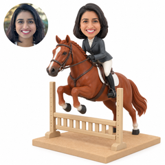 custom bobblehead figure female equestrian jumping a low fence on horseback