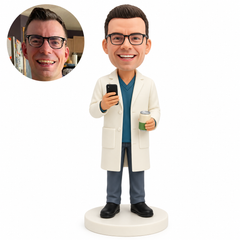 custom bobblehead figure male doctor holding a phone and beverage can