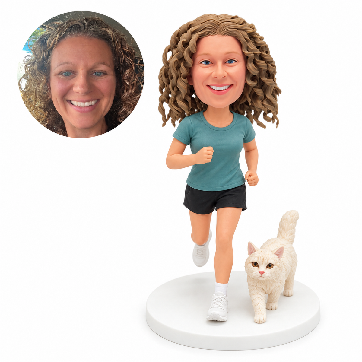 Custom female runner bobblehead jogging with a fixed cream cat beside her