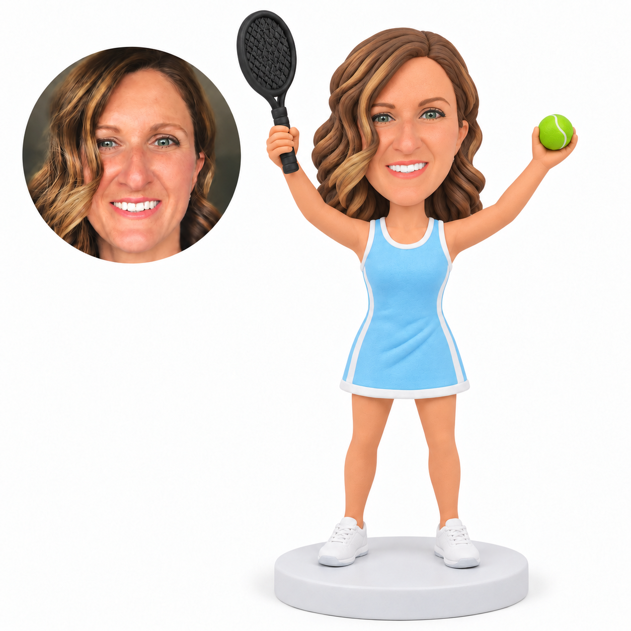 Custom female tennis bobblehead holding racket and ball with both arms raised