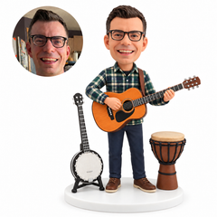 Custom musician bobblehead playing acoustic guitar beside fixed banjo and djembe